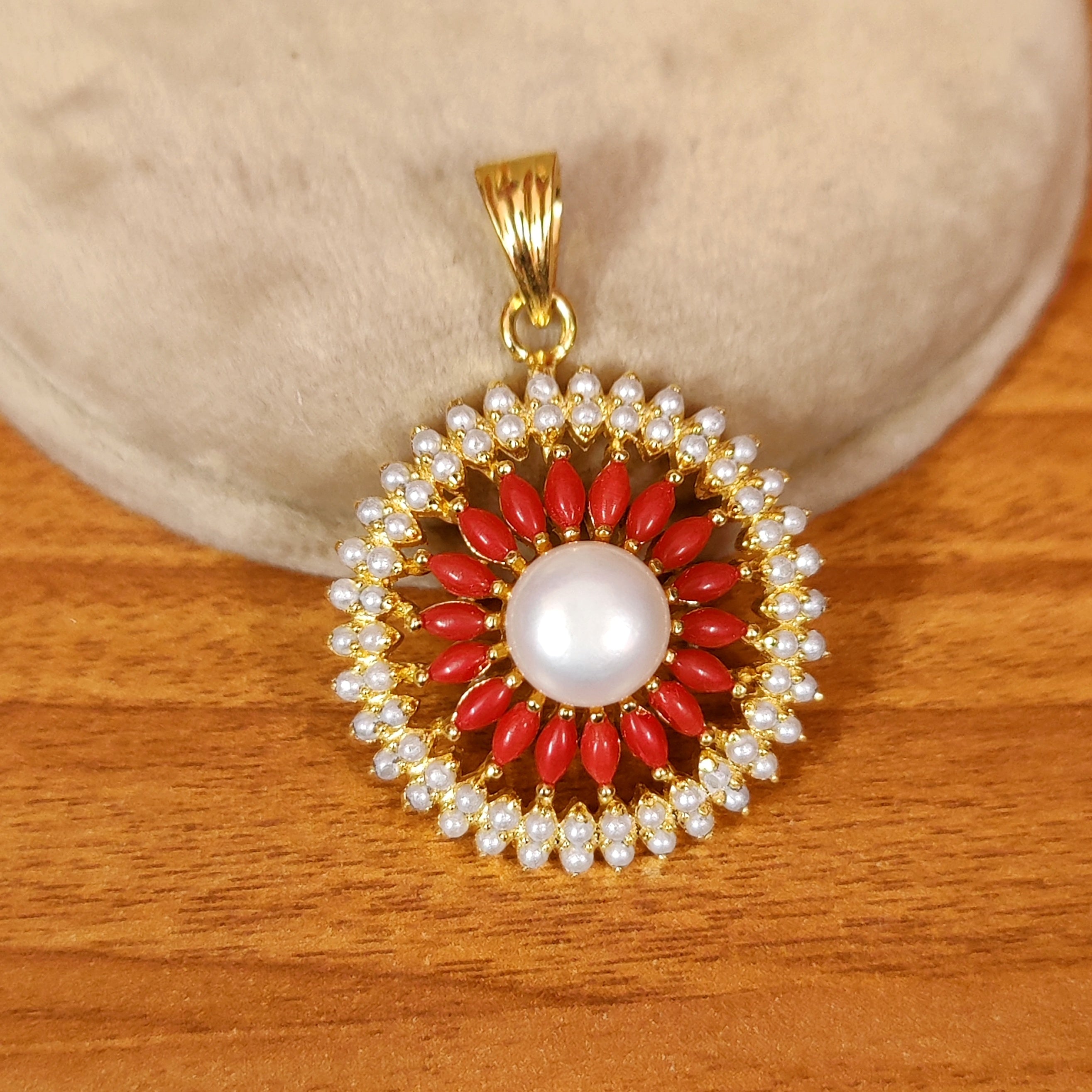 CORAL & PEARL STUDDED GOLD PLATED PENDANT SET