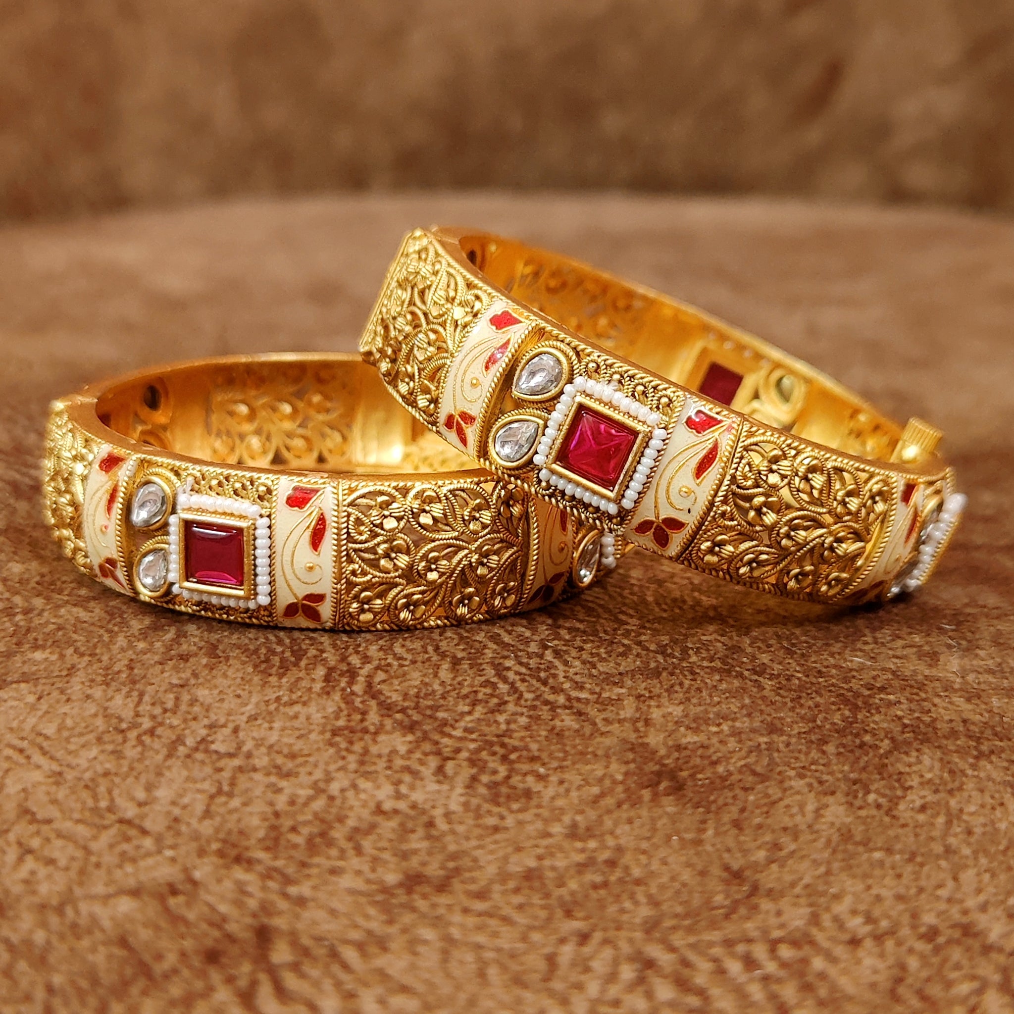 High End Premium Quality Meenakari CZ Kundan Openable Bracelet/Bangle/Kada Gold Tone Designer Bangles Rajwada Bangles Pair Kundan online Bangles