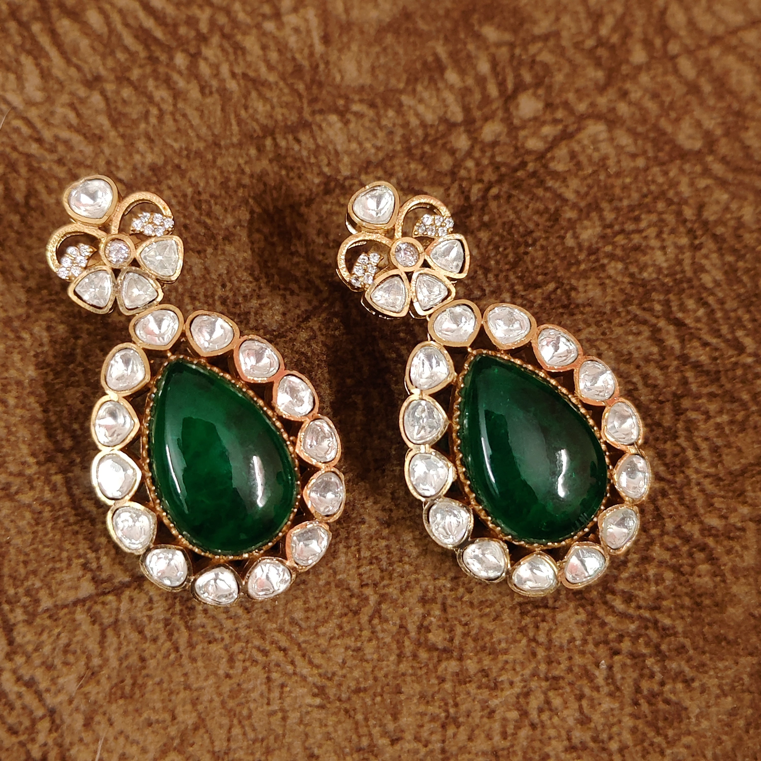 EMERALD DOUBLET STONE STUDDED GOLD PLATED MOISSANITE POLKI DANGLERS