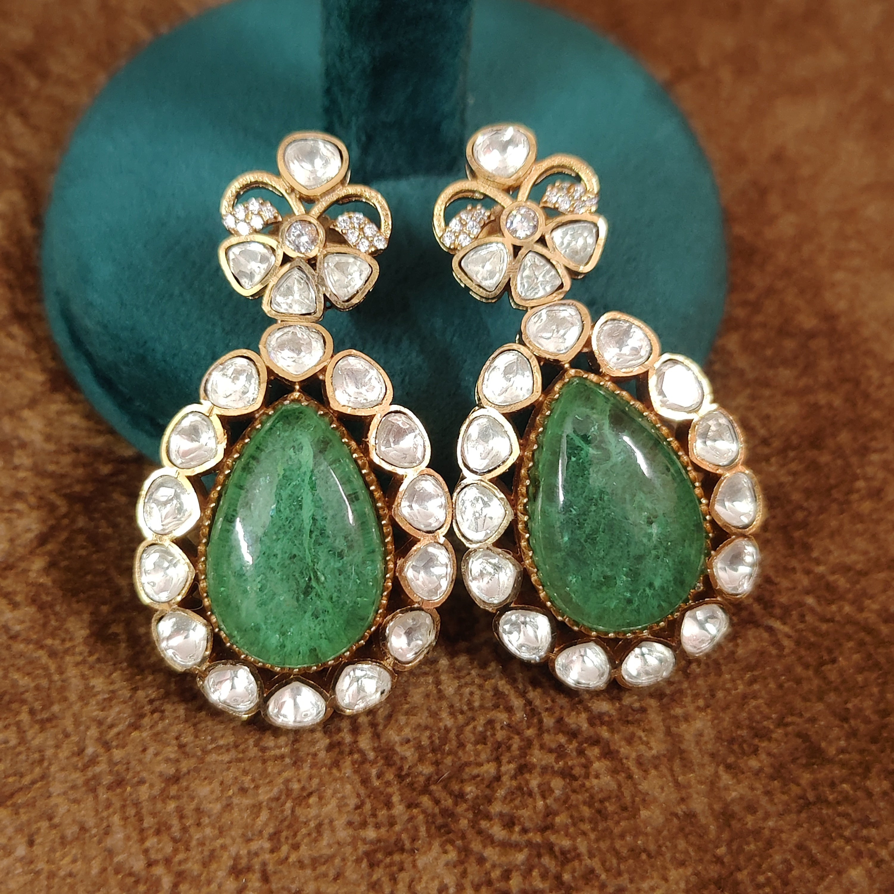 EMERALD DOUBLET STONE STUDDED GOLD PLATED MOISSANITE POLKI DANGLERS