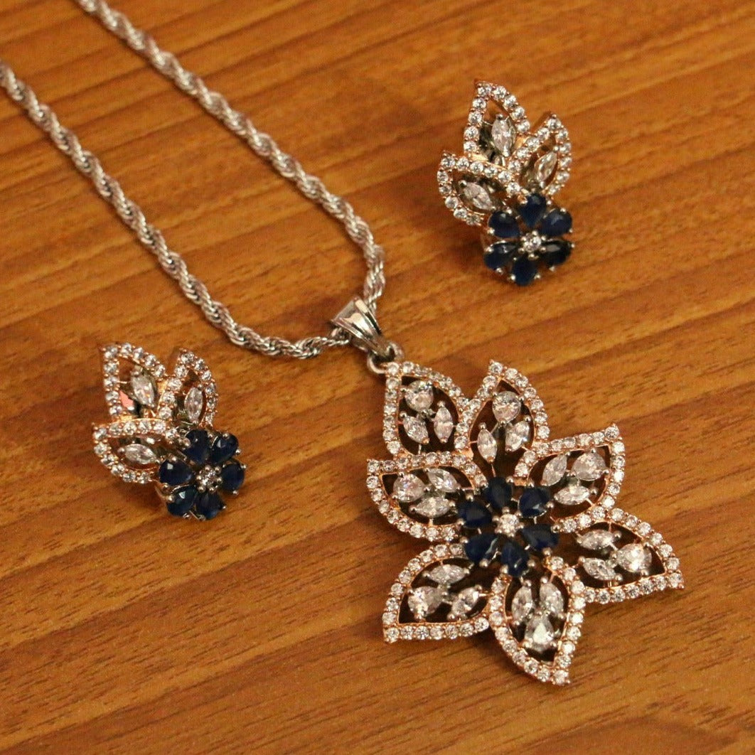 Blue Colour Flower Shaped Pendant With  Chain