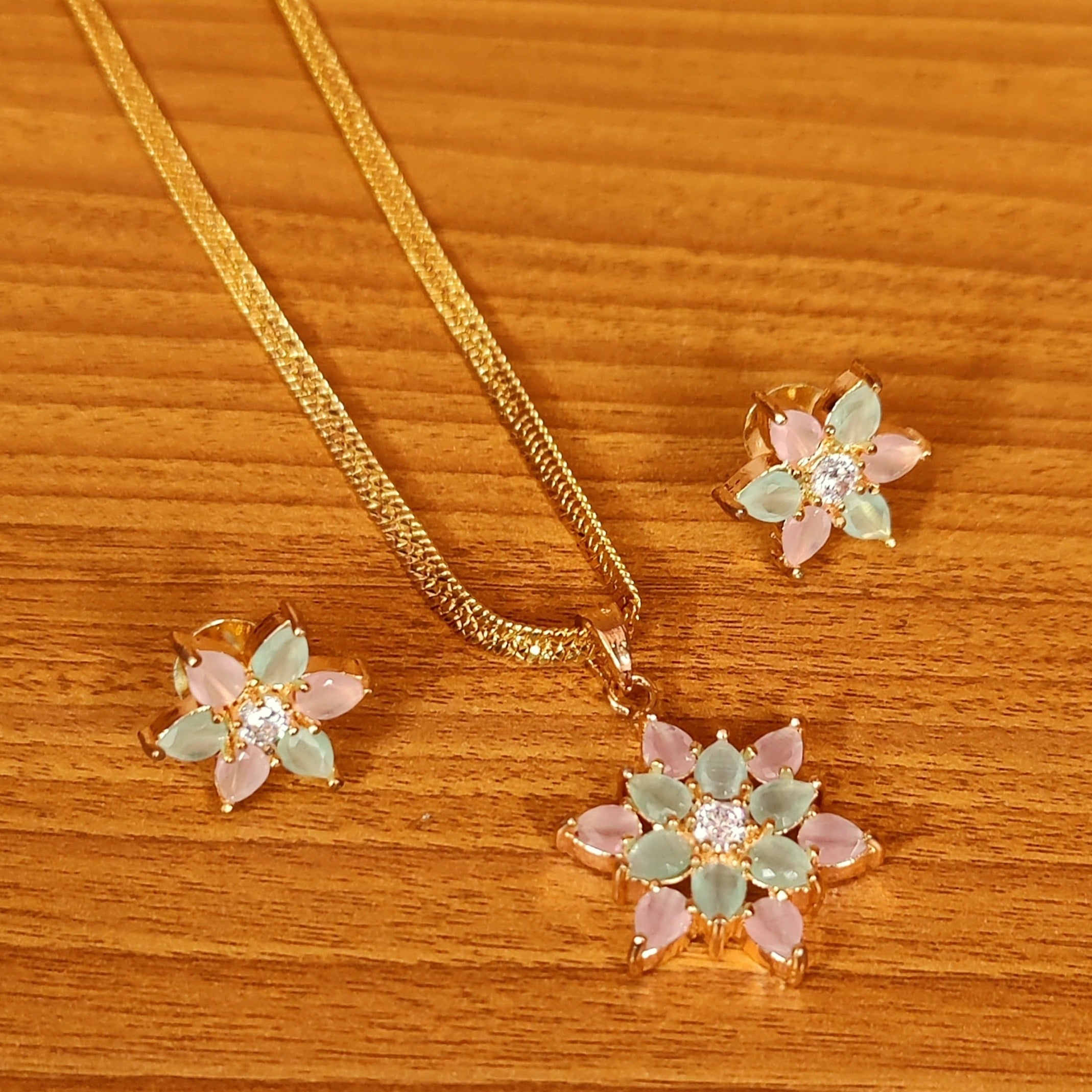 MULTICOLOUR CZ STUDDED FLOWER PENDANT SET