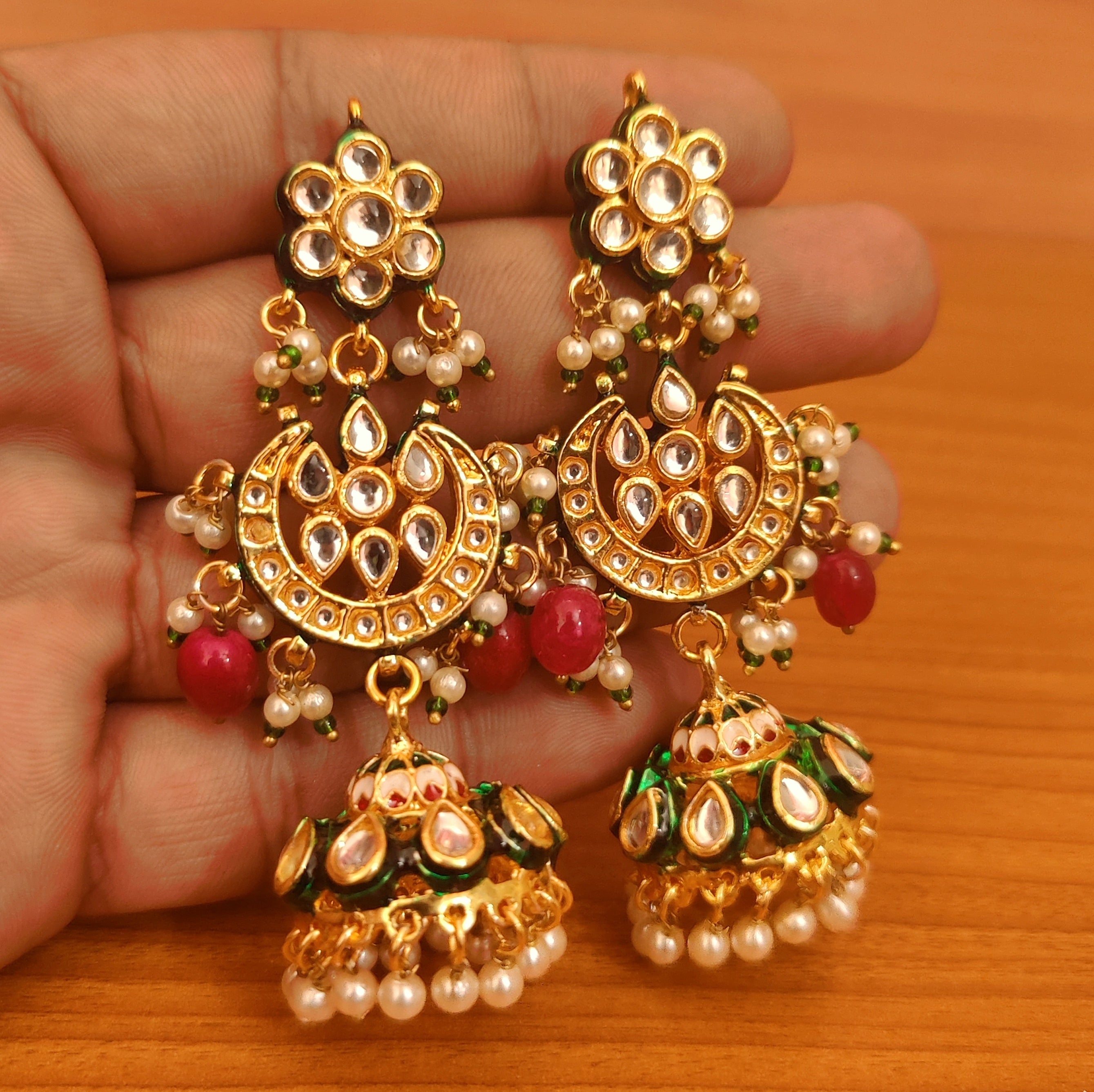 American Diamond Small Gold jhumka Earrings with Ruby Emerald CZ color –  Indian Designs