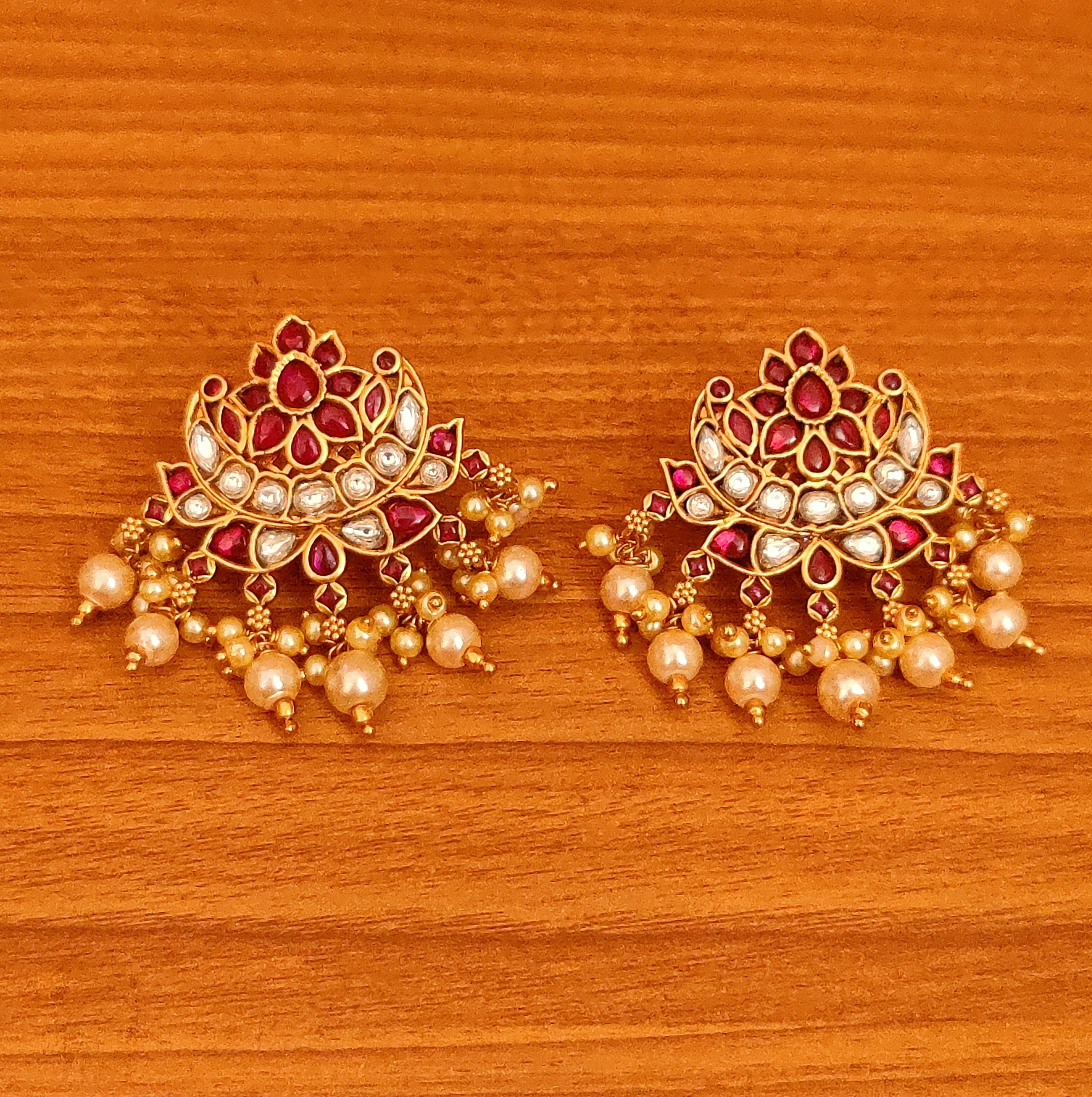 RUBY PEARL KUNDAN LOOK REAL KEMPU STONE EARRINGS Sanvi Jewels