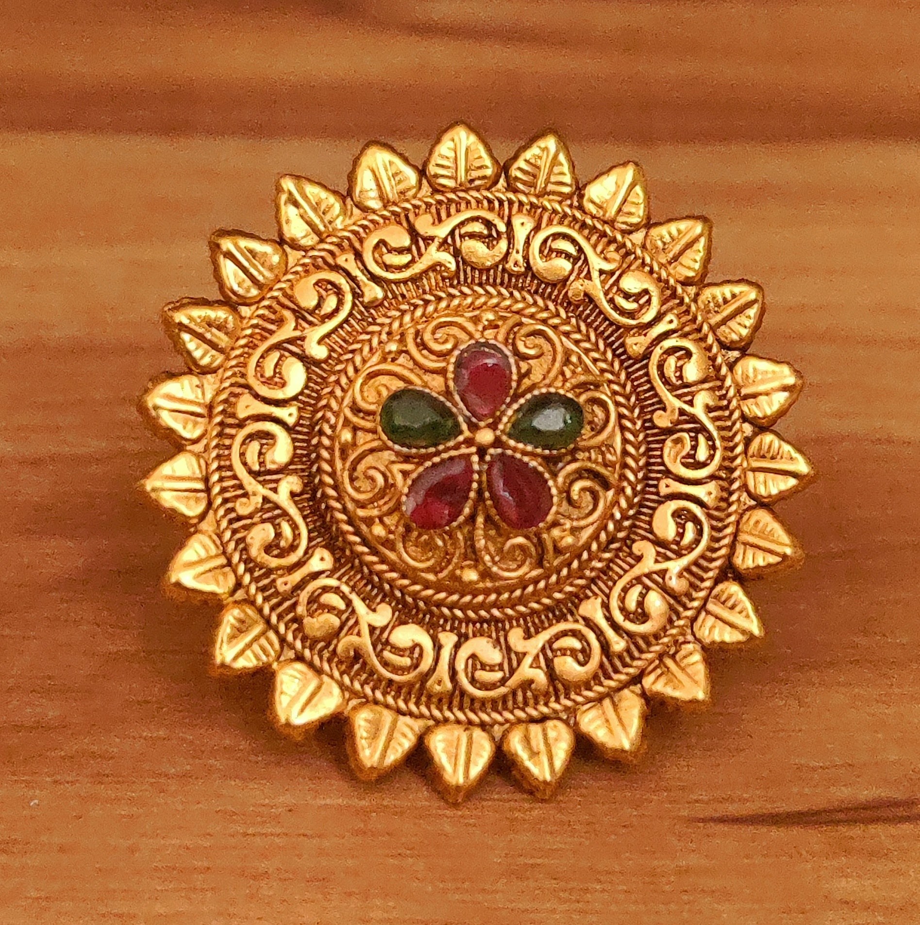 Ruby Colour Stone Gold Plated Handcrafted Temple Ring – Maharani