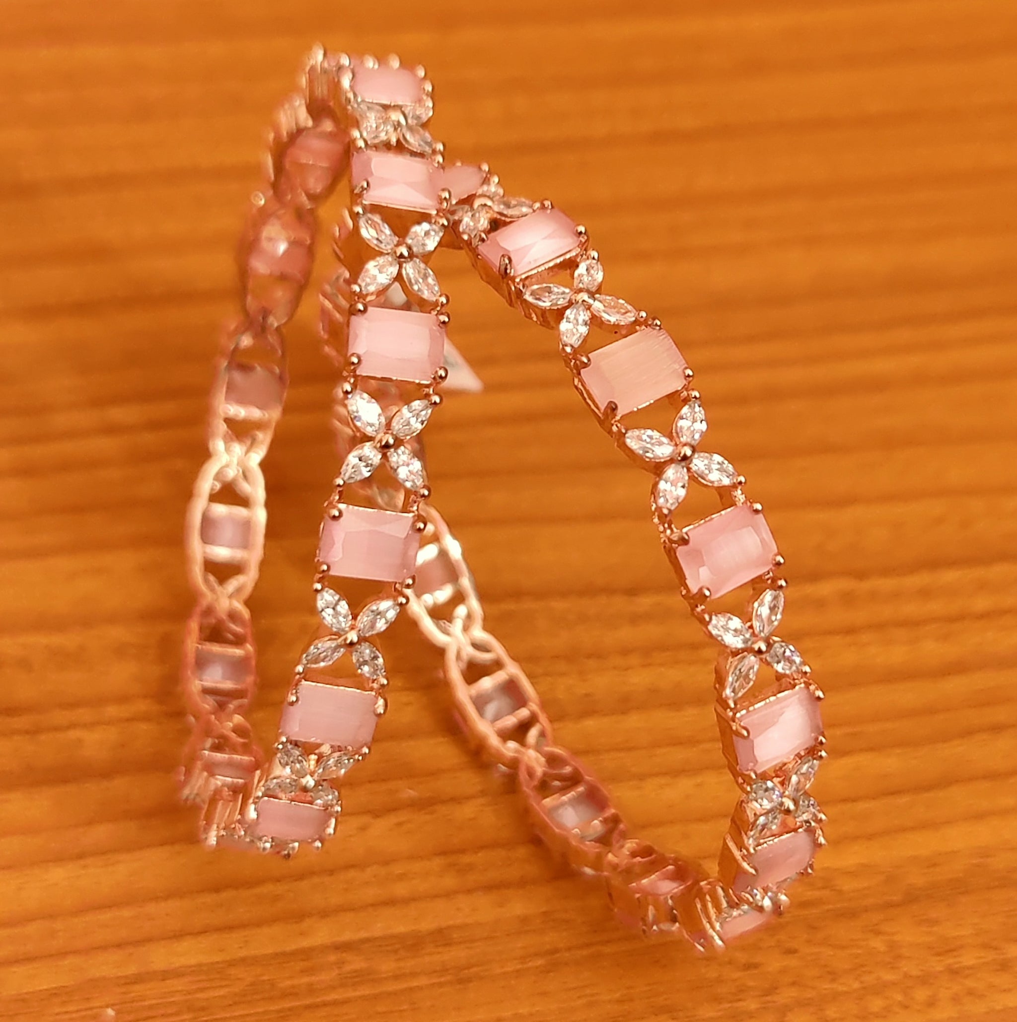 ROSE PINK QUARTZ CZ STUDDED ROSE GOLD BANGLES