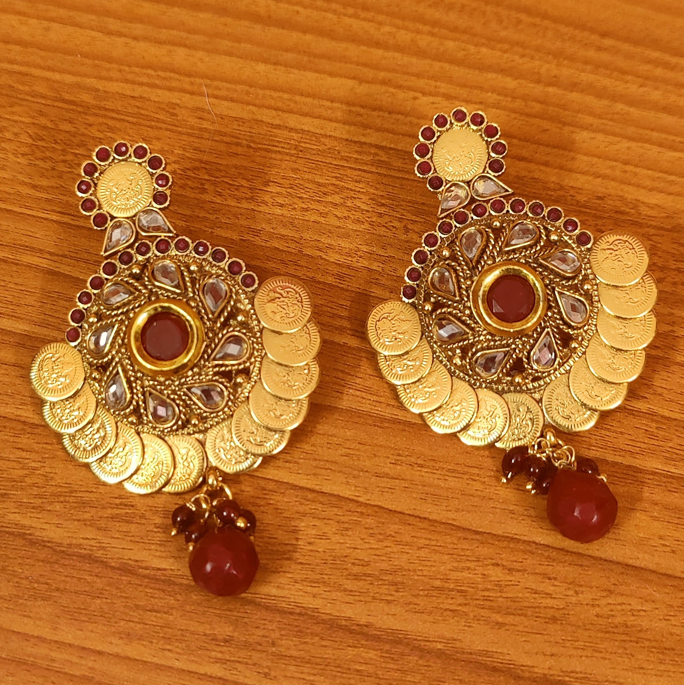 Gold tone ruby stone Lakshmi coin earrings dj37642  dreamjwell