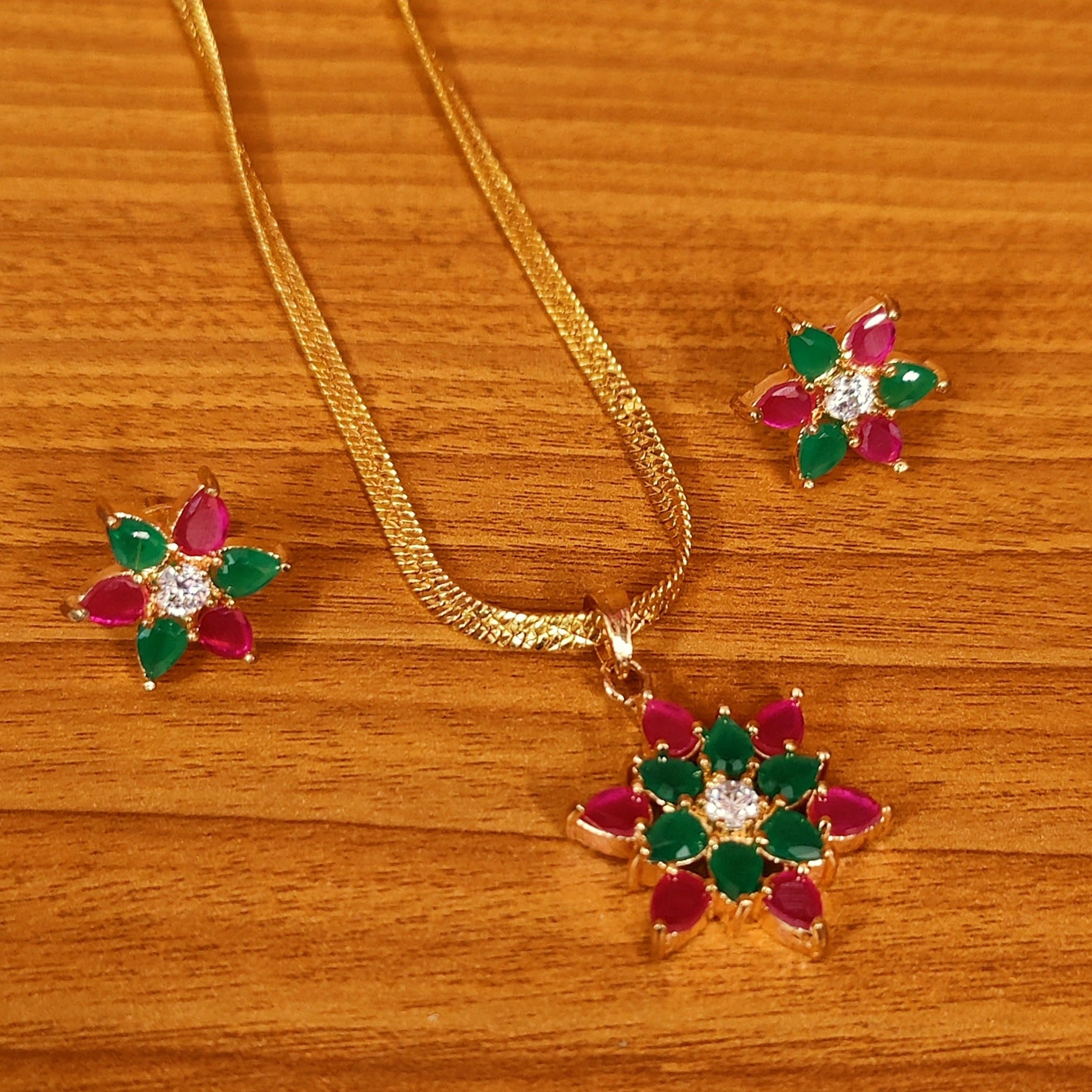 MULTICOLOUR CZ STUDDED FLOWER PENDANT SET