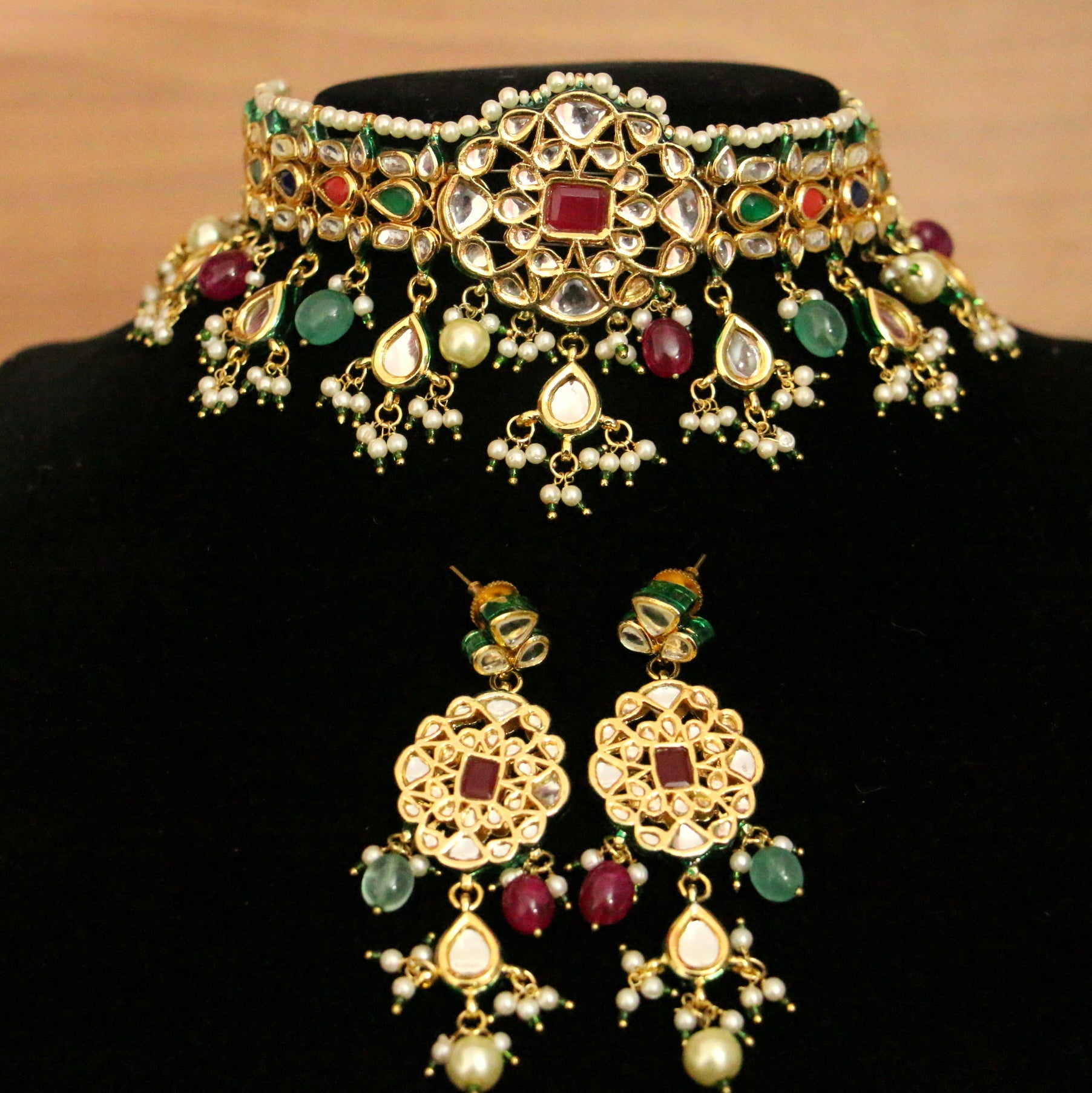 Navratan Kundan Polki Meenakari Handcrafted Necklace Set Sanvi Jewels