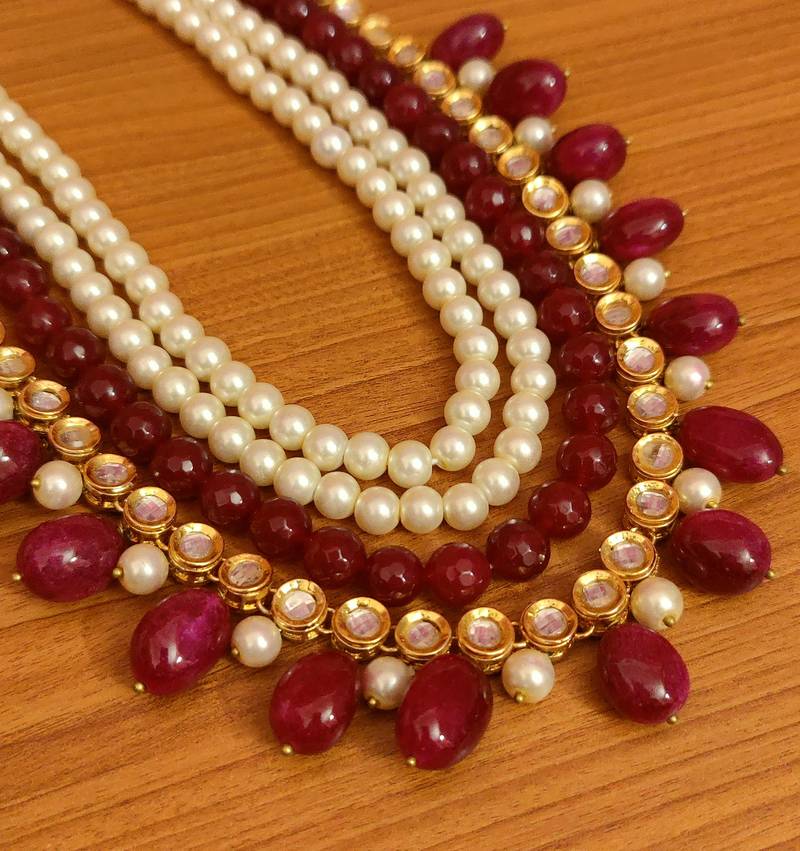 RUBY KUNDAN POLKI PEARL NECKLACE SET Sanvi Jewels