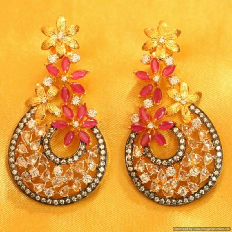 Ruby Diamond Look Gold Plated Flower look Studs – Sanvi Jewels