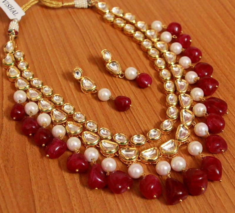 Indian Kundan Trendy high quality Choker Jewelry Ruby Meenakari Work Golden Bridal Designer Pearl Necklace Set MK725