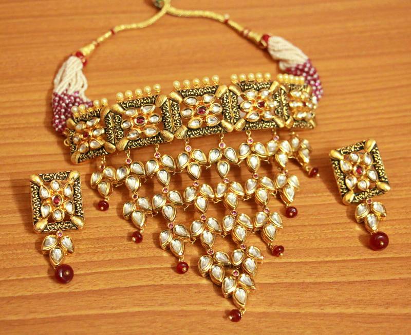 Ruby Antique Kundan Polki Wedding Choker Necklace Set Sanvi Jewels